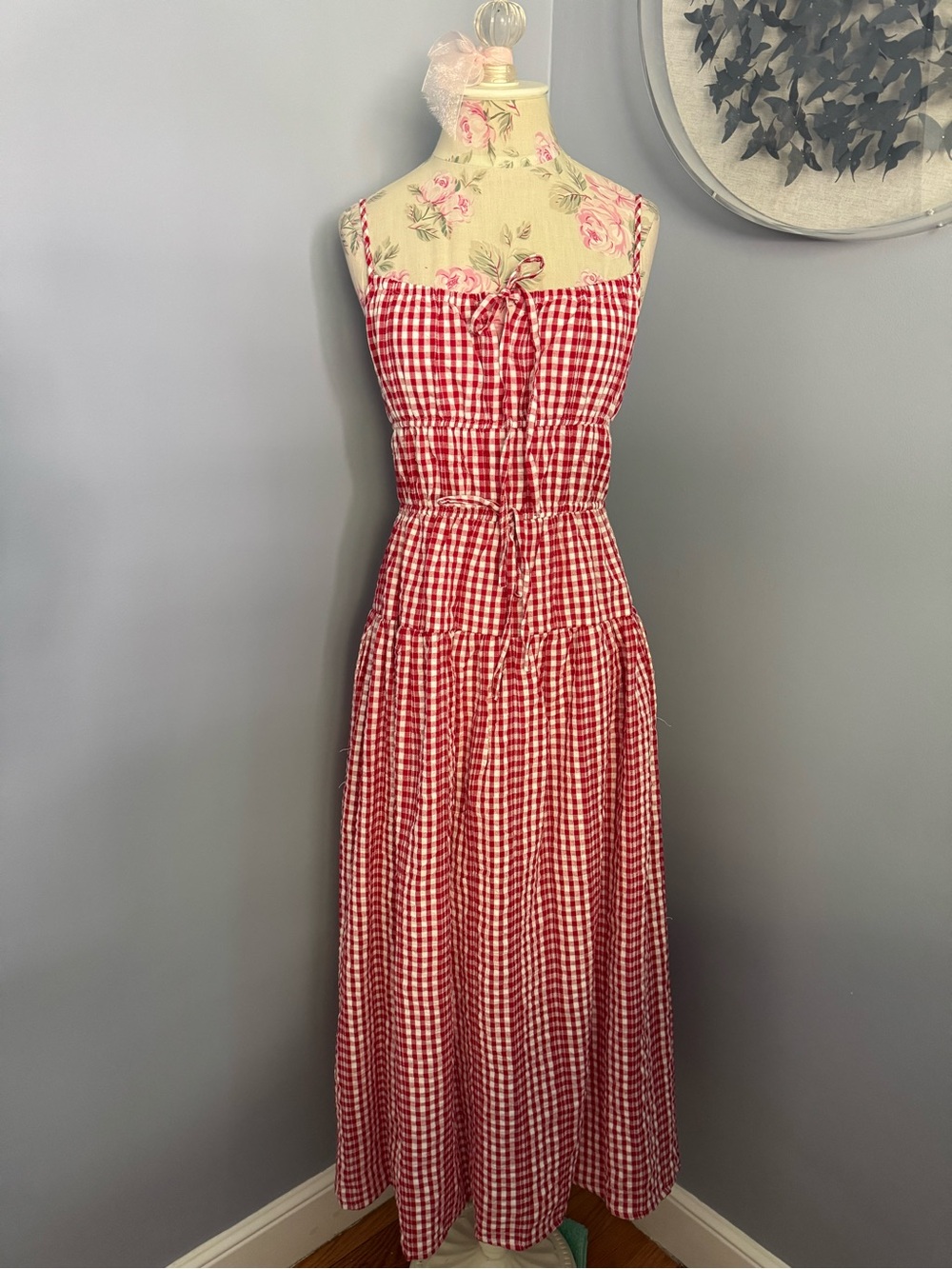 🆕 Red Gingham Tie-Front Midi Dress with Adjustable Spaghetti Straps